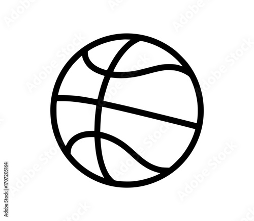 Simple black outline illustration of a basketball with curved seam lines