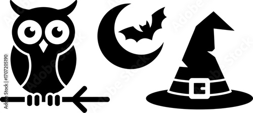 Whimsical Halloween icons: owl, crescent moon with bat, and witch hat