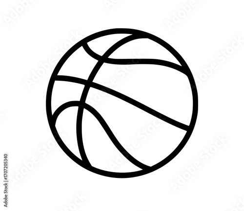 Simple black outline illustration of a basketball with curved seam lines