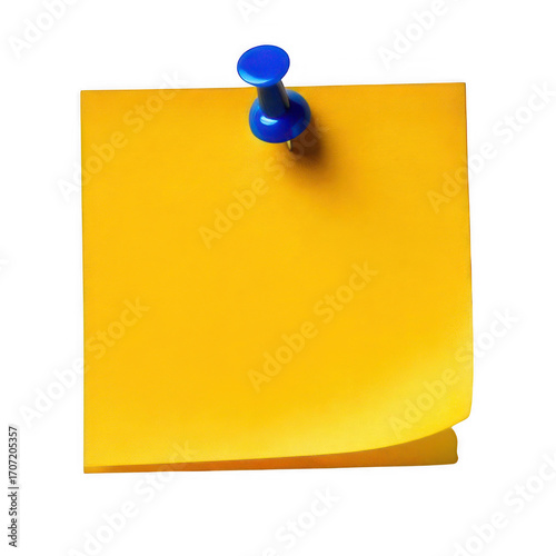  yellow sticky note paper with blue push-pin isolated on white or transparent