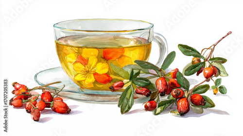 Glass of tea with dried rosehips berries, watercolor vector, isolated on a white background.