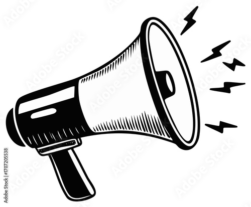 Monochrome megaphone illustration with dynamic sound waves for public address and urgent announcement