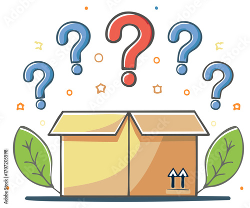 Open cardboard box with floating question marks symbolizing mystery surprise and unknown contents