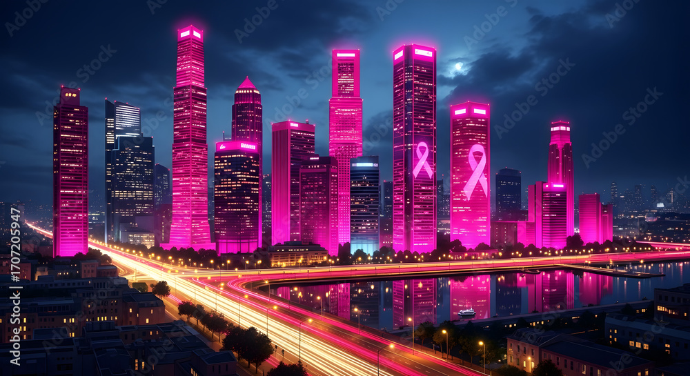 Fototapeta premium City skyline with pink lit skyscrapers, including a pink ribbon on one building, at night to support Breast Cancer Awareness Month.