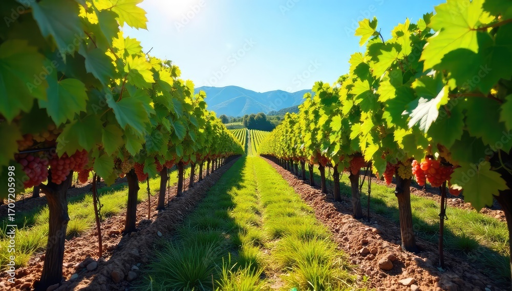 Naklejka premium Sun-Drenched Vineyard Harvest Workers Carefully Gather Ripe Grapes for Winemaking Under a Clear Blue Sky. Rows of Plump, Juicy Fruit Stretch to the Horizon, Creating a Perfect Harvest Scene.