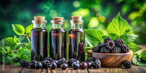 Dark Berry Extract in Small Glass Bottles with Fresh Berries and Leaves