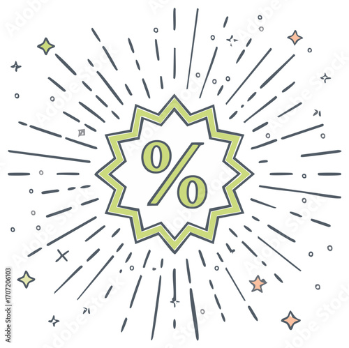 Sparkling discount symbol in a burst graphic, sale offer illustration, promotion campaign advertisement