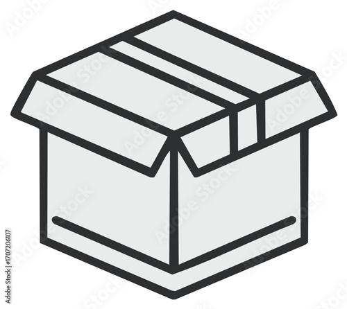 Simple Open Shipping Box Icon, Package Ready for Delivery, Moving or Storage Concept Graphic in Grey and Black
