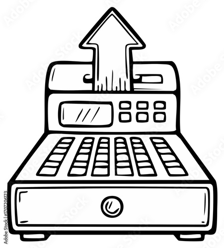 Doodle style cash register with an upward pointing arrow indicating financial gain and business profit