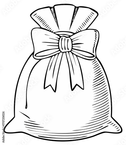 Hand drawn sketch illustration of a full gift sack tied with a large decorative bow