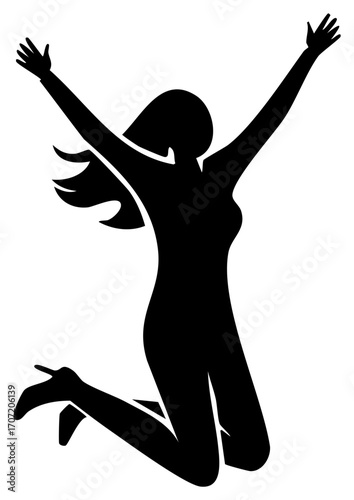 Silhouette of a Woman Jumping for Joy with Arms Raised Up