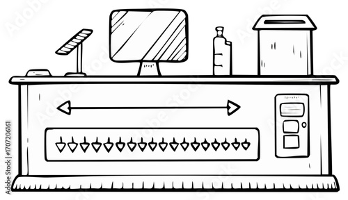 Stylized Check-out Counter with Arrows and Buttons in Line Art Style