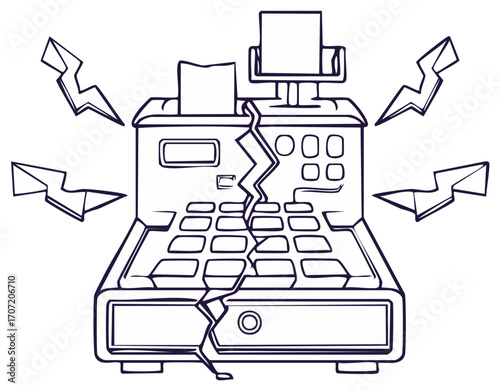 Broken Cash Register with Lightning Bolts, Symbolizing Business Problems and Financial Difficulties
