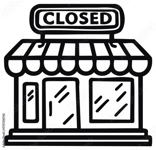 Closed Storefront Sketch Outlined Shop with Shuttered Doorway and Empty Window Signage Drawing