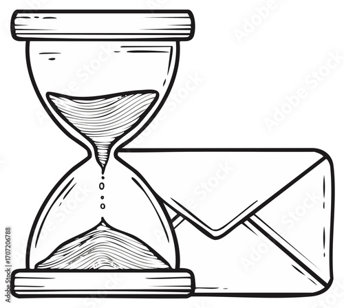 Hourglass with falling sand next to an envelope, sketch art