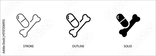 Bone icon with pill for bone care, calcium supplements, medical health, pharmacy. Vector stroke, outline and solid icon. Eps10 file.