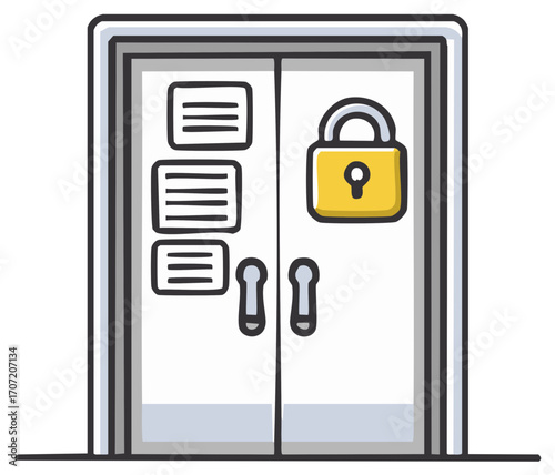 Closed and Locked Double Doors with Message Panels and Padlock Security