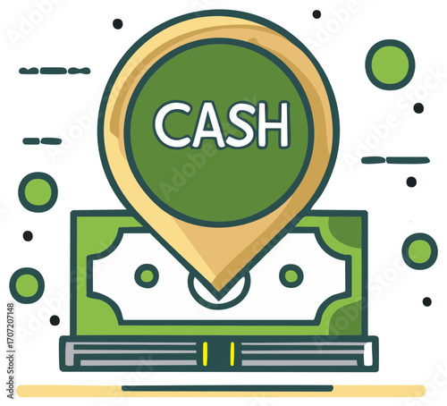 Cash pin on a stack of money banknotes, money location business concept illustration