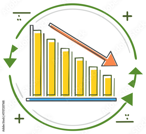 Financial graph showing declining trend with arrows indicating economic downturn