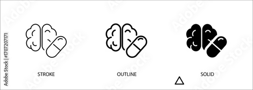 Brain with pill icon for medical health, neurology, epilepsy, pharmacy. Vector stroke, outline and solid icon. Eps10 file.