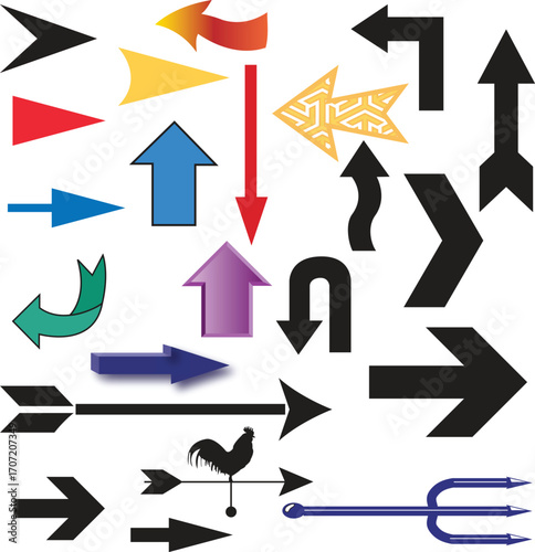 Diverse collection of colorful and dark arrows pointing in various directions for navigation and directional guidance isolated on transparent background