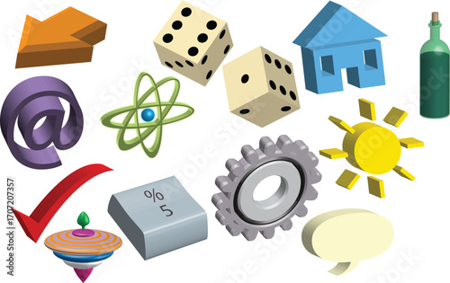 Collection of diverse 3d icons representing various concepts such as science business and leisure time isolated on transparent background