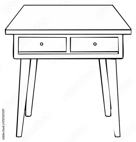 Line drawing of a simple rectangular table with two drawers and midcentury modern style legs on white background