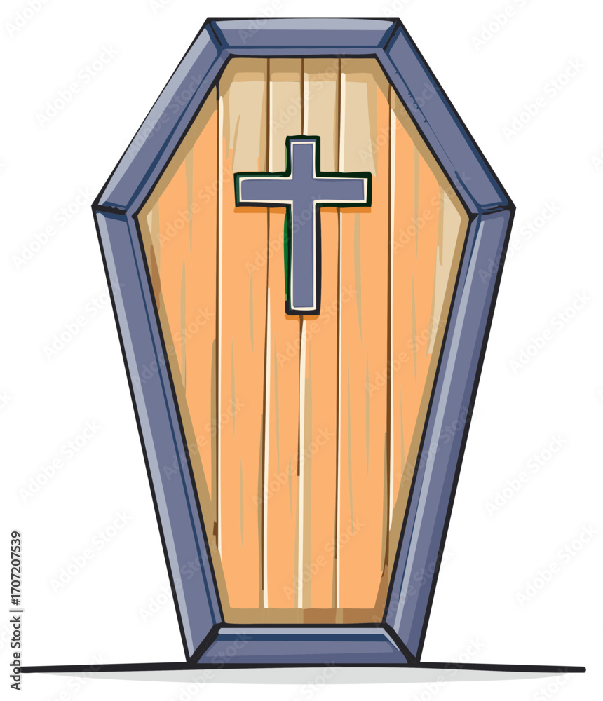 Obraz premium Cartoon illustration of a coffin with a cross in a simple vector graphic