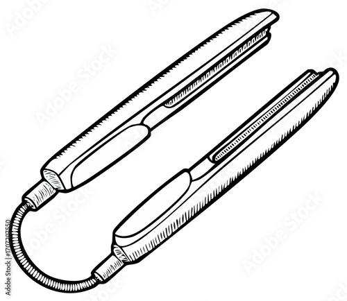 Illustration of Hair Styling Tool with Cord, Flat Iron for Hairstyle, Curling Iron Equipment for Beauty Salon, Black and White Design
