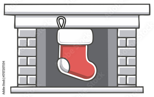 Red Christmas stocking holiday decoration hanging on a classic brick fireplace mantel illustration