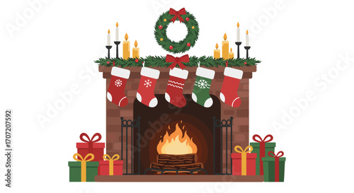 Festive Christmas fireplace scene with burning logs, decorated mantel, hanging stockings, and colorful wrapped gifts