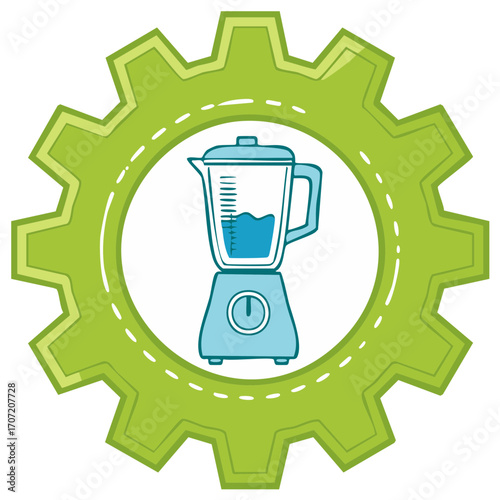 Green Gear Symbol Featuring a Blue Blender with Water Inside