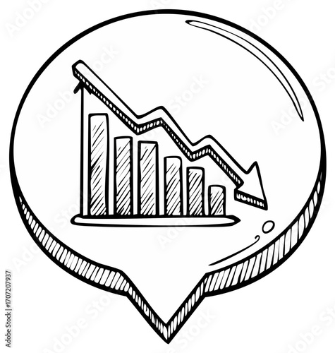 Doodle sketch downward trend chart inside of dialog bubble. Recession indicator, decline, losses, failure and problems.