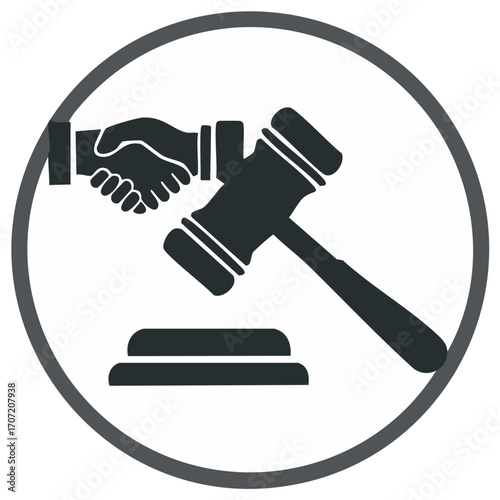 Legal Agreement Icon with Gavel and Handshake for Justice Concepts within a gray circle