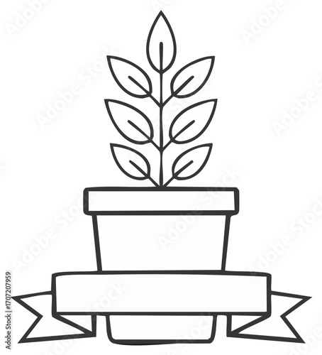 Potted plant with leaves, simple line art design, ribbon banner isolated vector illustration, minimal style for graphic resources