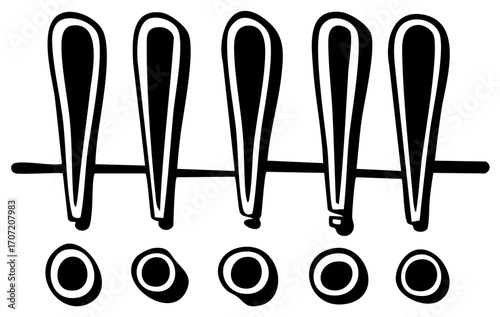 Graphical Illustration of Five Spoons Hanging with Spilled Drops Beneath in Monochrome