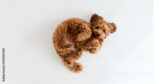 High-key minimalist portrait of golden doodle lying playfully, textured fur spiral, modern graphic composition.