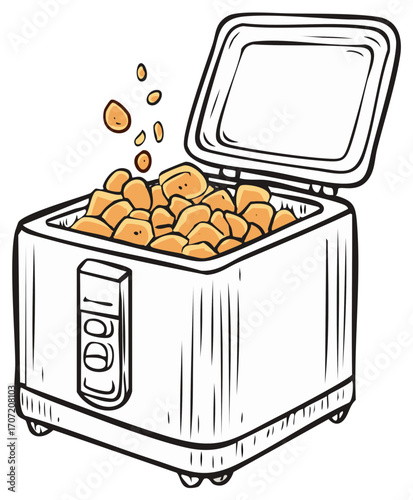 Open deep fryer filled with golden fried nuggets with a few falling