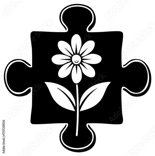 Flower inside puzzle piece, a concept of nature conservation or puzzle solving