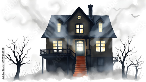 A haunted house with spectral lights and shadows, frightening effect, watercolor art, isolated on white background