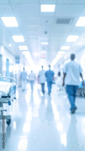 A blurred, bright, sterile hospital hallway view with indistinct figures walking, and gurneys visible to the side