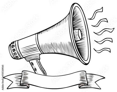 Megaphone with sound waves and ribbon banner illustration. Hand drawn style.