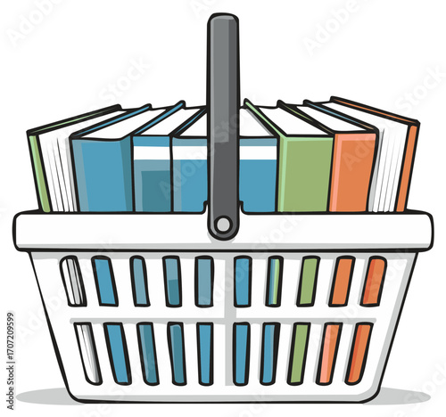 Cartoon illustration of a shopping basket full of books, educational concept