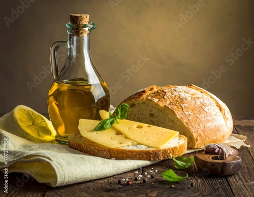 Wallpaper Mural Still life of cheese, bread, and olive oil Torontodigital.ca