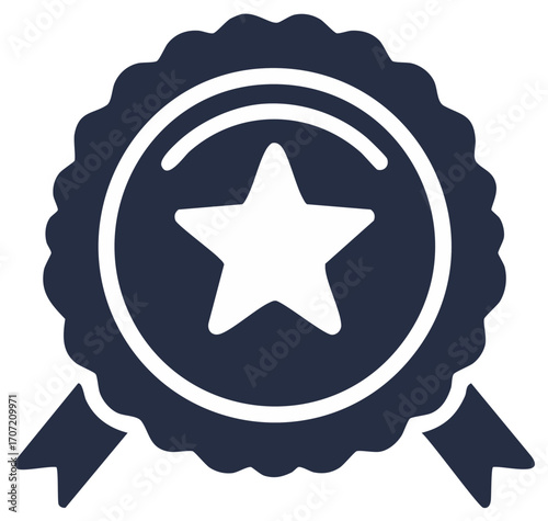 Dark Blue Award Rosette with White Star Inside a Circle, and Ribbons Attached
