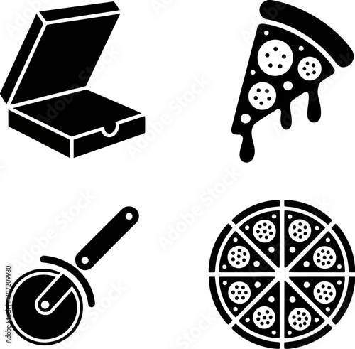 Simple black icons representing pizza, pizza box, and cutter for food service