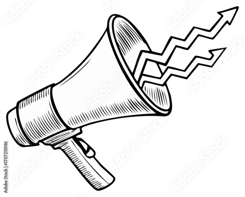 Megaphone with zigzag arrows indicating rising trend, advertising concept illustration