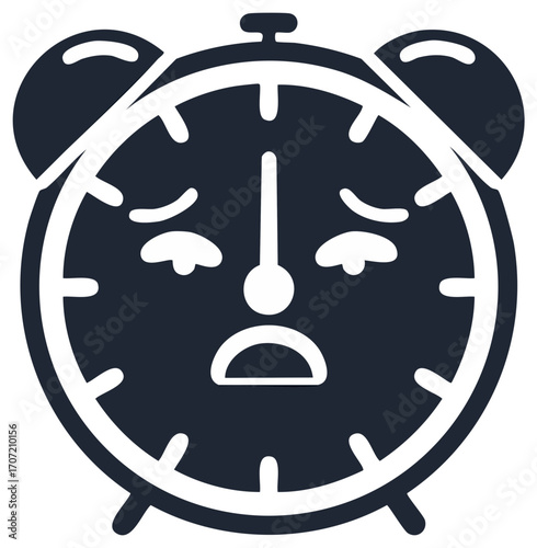 Alarm clock with sad face emoji. Icon for time, deadline, wake up concept.