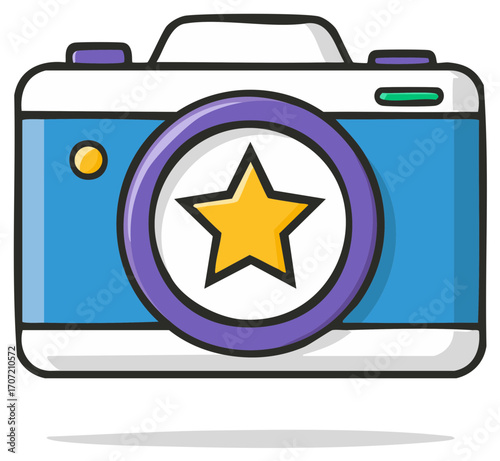 Illustrated doodle of a camera with a star symbol on the lens representing favorite photos