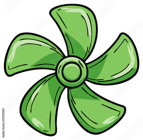 Simple green fan blade propeller cartoon illustration with five blades for cooling and ventilation.